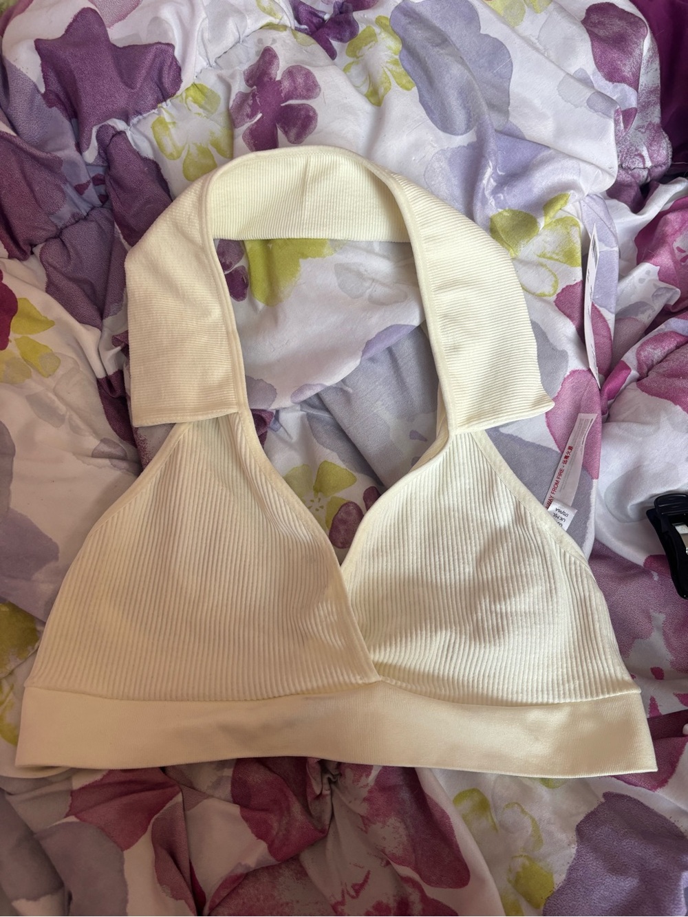 Urban Outfitters Cream Ribbed Halter Crop Top